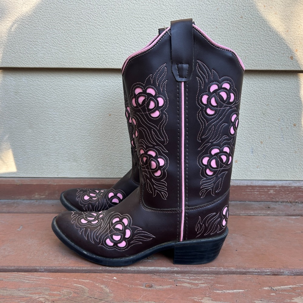 Old West Kids Western Cowboy Boots Brown Pink Rodeo Cut Out Flowers Size 2.5 - Picture 2 of 9